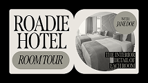 Stylish grayscale poster featuring a luxury hotel room image with modern decor. A serif font reads “Roadie Hotel Room Tour.”