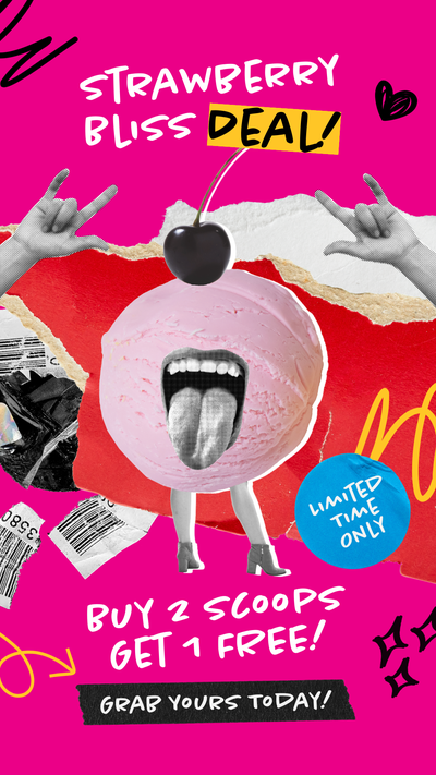 A pink background with a scoop of strawberry ice cream that has a mouth at the center