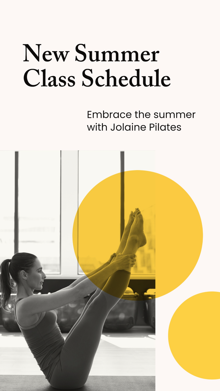 An Instagram Story promoting a new summer class schedule for a pilates studio with a black and white photo of a person posing on a mat