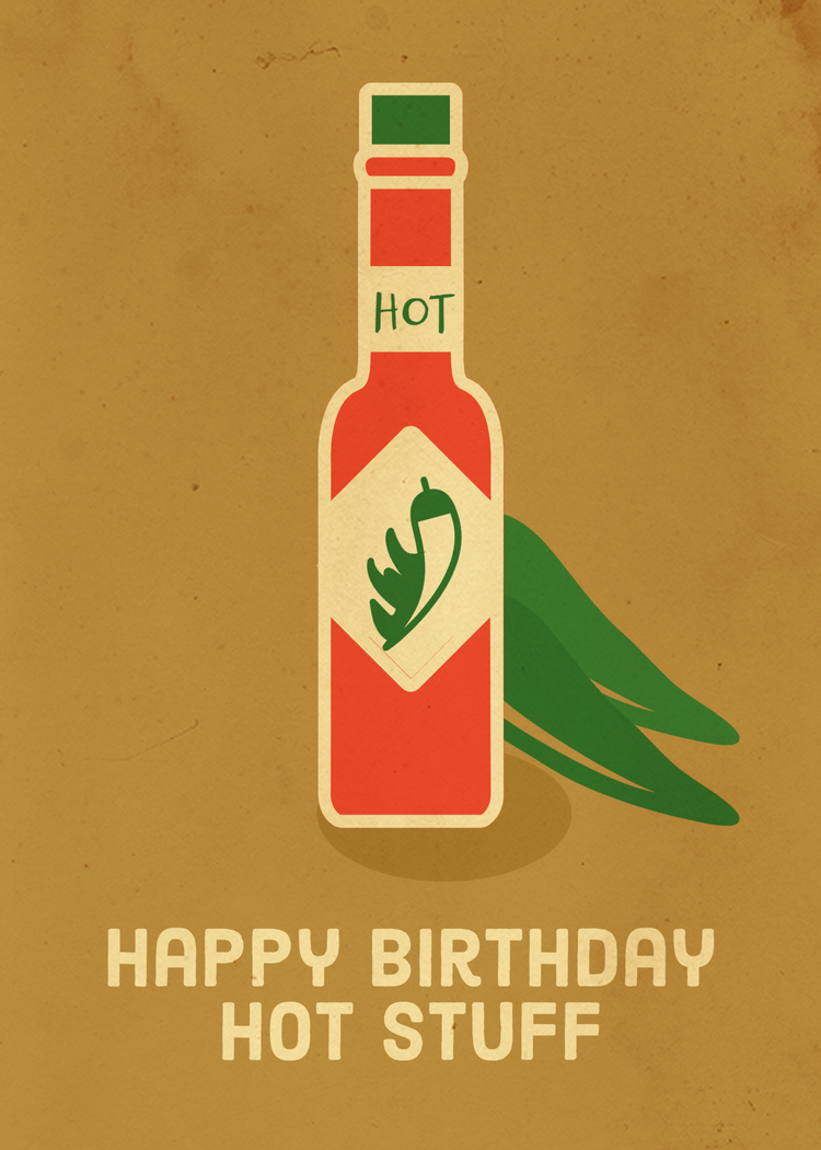 "Happy birthday hot stuff" card with a bottle of hot sauce and jalapeños