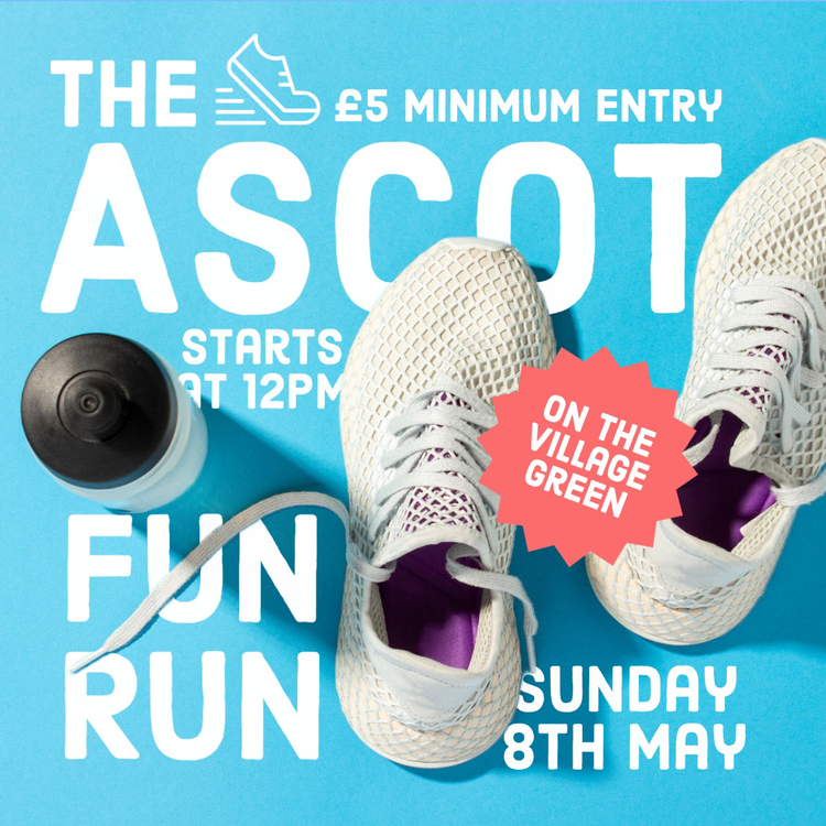 A Facebook social media marketing post promoting a fun run with event details and an aerial image of shoes and a water bottle