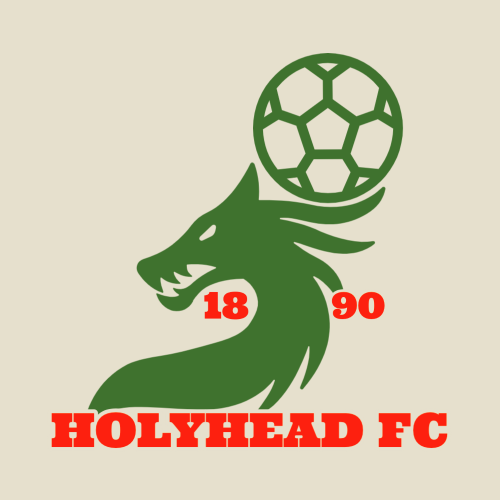 Holyhead FC 1890 fantasy football logo written in red with a green dragon and soccer ball