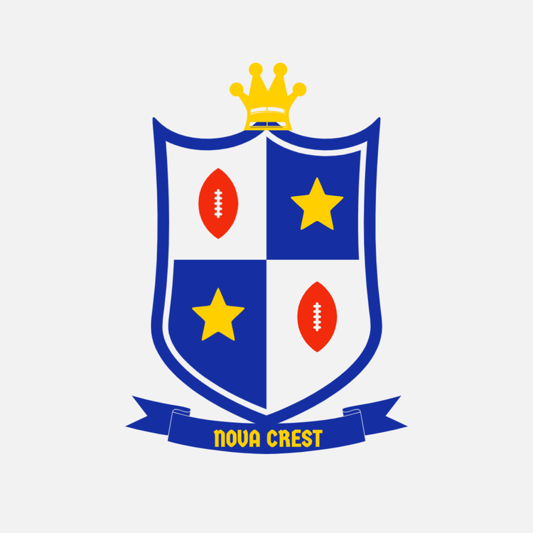 Nova Crest fantasy football logo of a blue and white shield with 2 yellow stars and 2 red footballs with a yellow crown on top