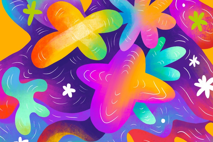 vibrant header with colorful shapes from yellow to orange and green to purple