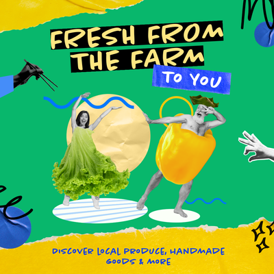 A mostly green background and a woman wearing a dress that looks like lettuce and a man wearing a yellow bell pepper