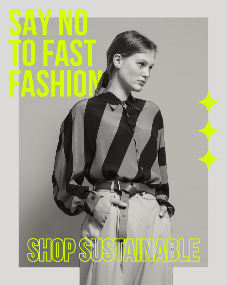 A social media influencer's post that says "say no to fast fashion, shop sustainable" with a black and white model posing in an outfit