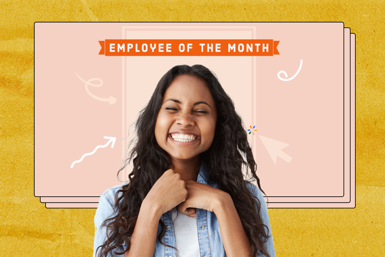 A person smiling in front of a Zoom background that says "Employee of the Month" with arrows pointing at them
