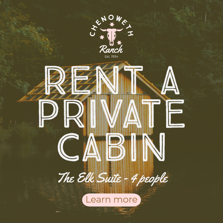 "Rent a private cabin" advertisement with a small cabin in the background