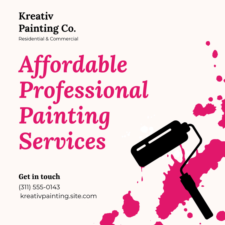 A Facebook social media marketing post promoting painting services with contact information and a graphic of a paint roller and paint