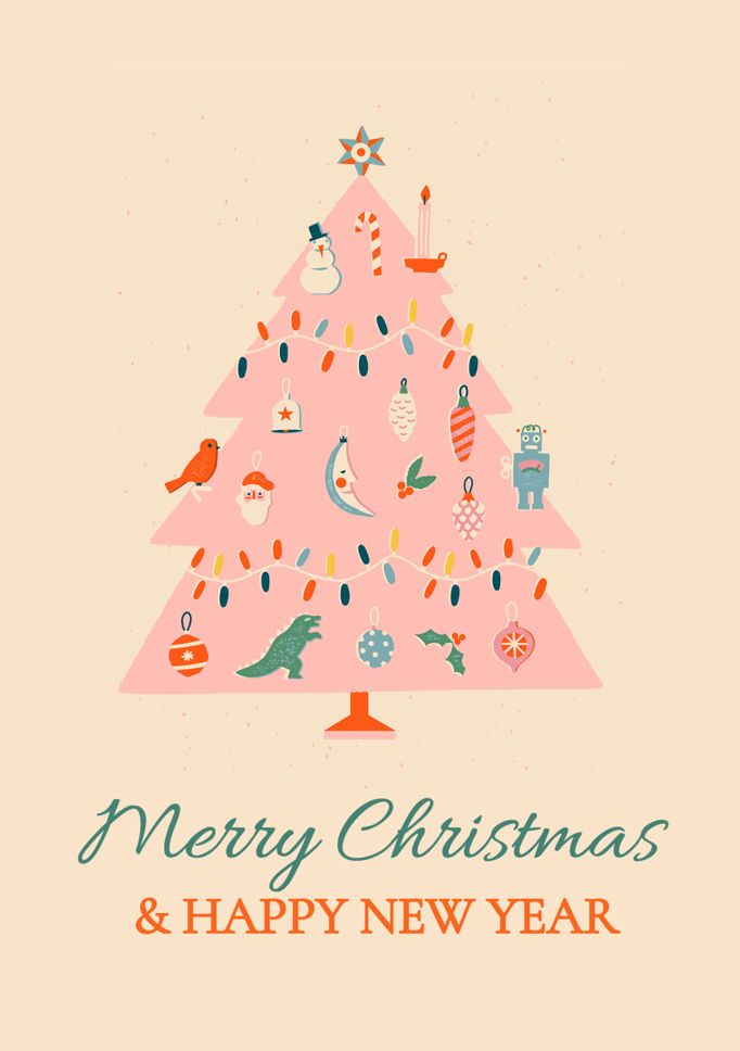 Cream Pink Blue & Orange Cute Christmas Tree A5 Greeting Card