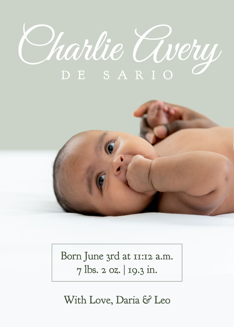 "Charlie Avery de Sario" announcement with birth details and a baby lying down with their fist in their mouth