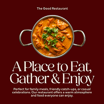 A bowl of curry garnished with cilantro sits above a serif headline that reads “A Place to Eat, Gather, and Enjoy” on a maroon background.