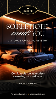 A premium hotel room with dim lighting and a plush bed. An elegant serif text reads “Soiree Hotel awaits you.”