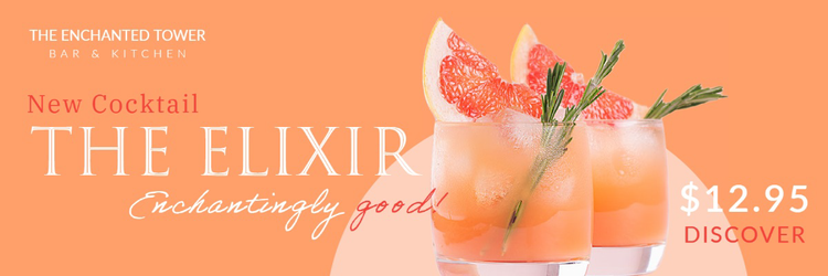 A horizontal banner ad for a new cocktail called The Elixir with an image of two orange cocktails with fruit and herbs