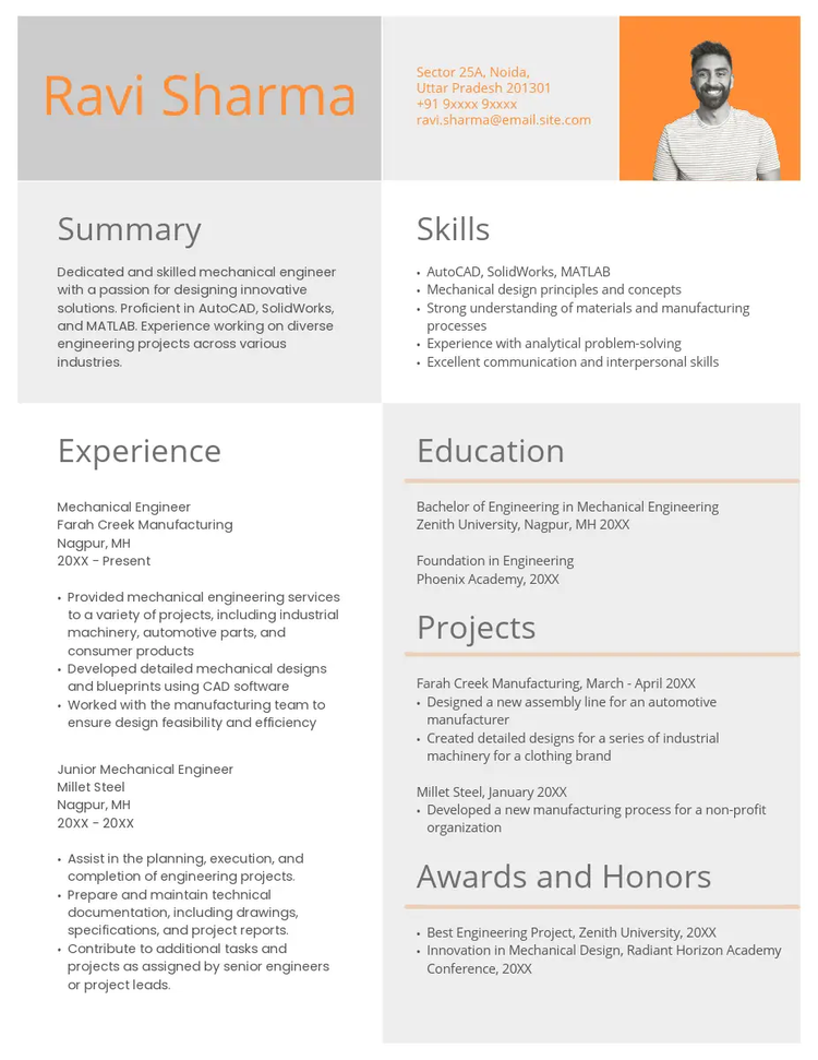 Black, white, and orange professional resume for a mechanical engineer with a sans serif font