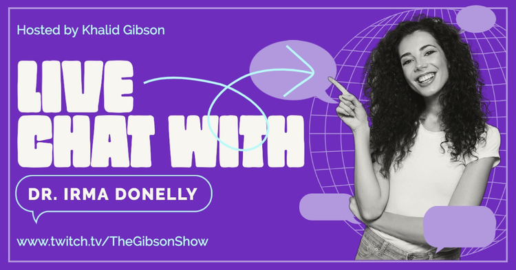 A social media influencer's post promoting a live chat with Dr. Irma Donelly with a black and white image of a person smiling and pointing