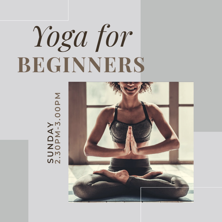An Instagram social media marketing post promoting yoga for beginners with event details and a person sitting in a yoga pose