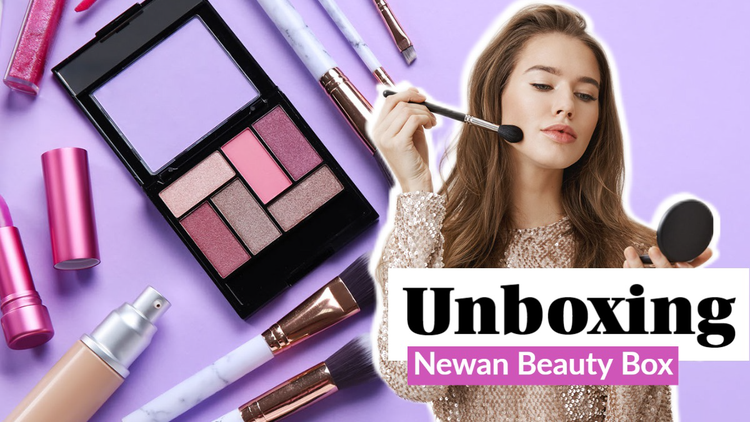 "Unboxing Newan Beauty Box" YouTube banner with a person putting on makeup with closeups of various makeup products in the background