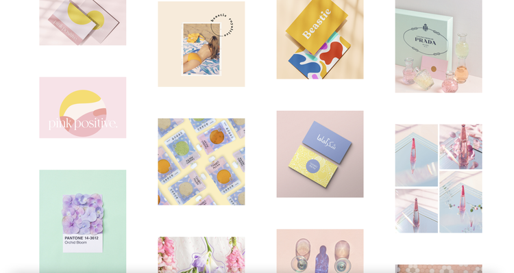 A graphic design portolio with images of various projects spaced out into squares with a pastel color palette