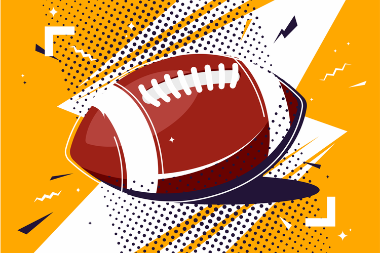Graphic of a football against a black, white, and organge background