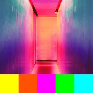 A color palette created from an image of a hallway with neon lights – yellow, orange, pink, green, and blue