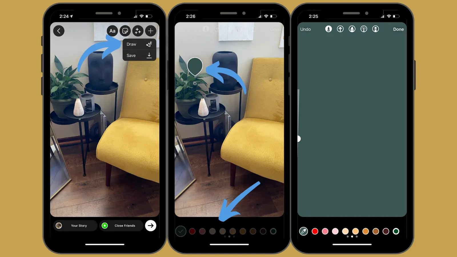 How to change background color on Instagram
Three images showcasing how to use the dropper tool to change the background color on Instagram stories