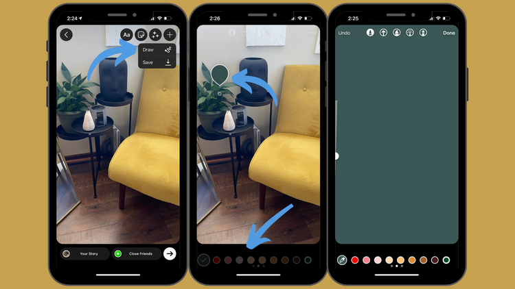 How to change background color on Instagram Three images showcasing how to use the dropper tool to change the background color on Instagram stories