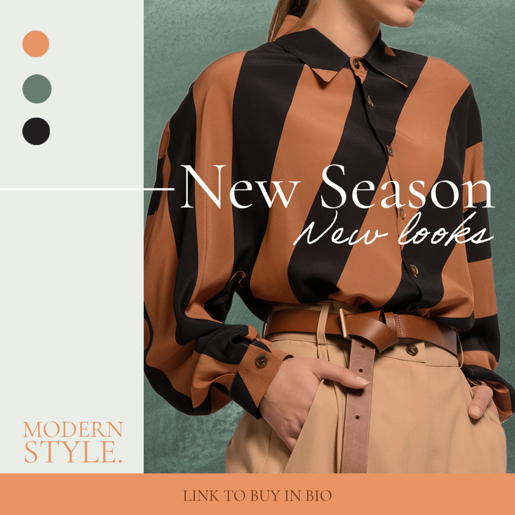 "New Season New looks" affiliate Instagram post with an image of a person modeling brown and black clothing