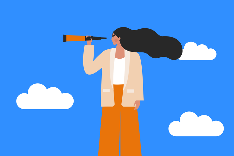 A person standing against a blue sky with clouds using a telescope to look for their target audience
