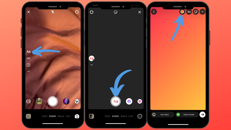 Color gradient tutorial Three images showcase how to add a color gradient to Instagram Story by clicking the "Add Text" button and then the color button