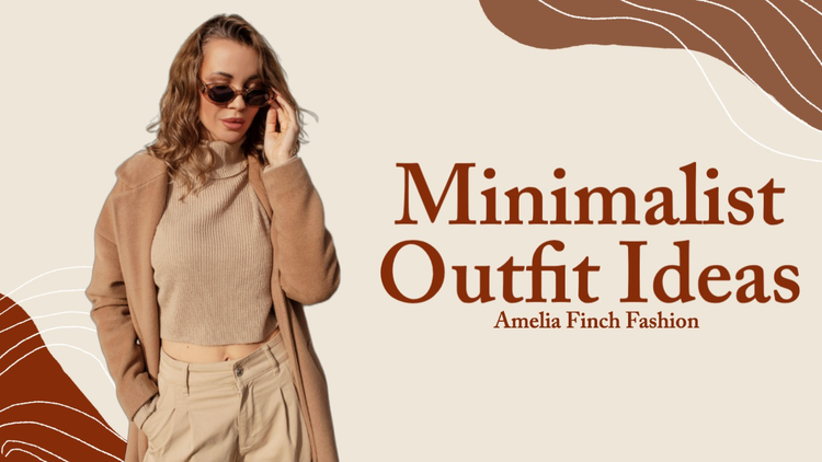 "Minimalist outfit ideas" blog post header with a person posing in a neutral-toned outfit and sunglasses