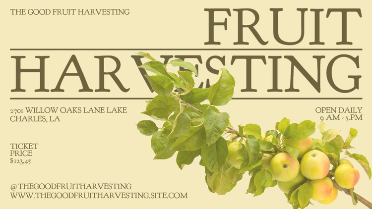 A Facebook banner promoting Fruit Harvesting with relevant details and an image of an apple tree branch