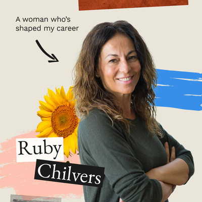 Instagram template featuring a woman with her arms crossed over a grey background. Text says "A woman who's shaped my career".