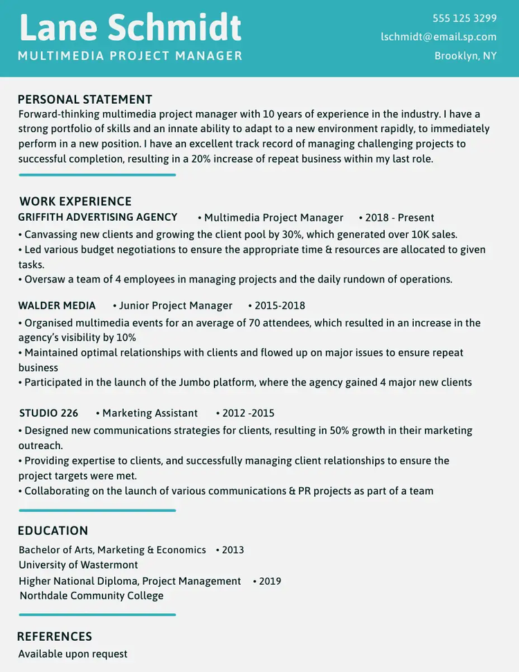 Black, white, and blue professional resume for a multimedia project manager with a sans serif font