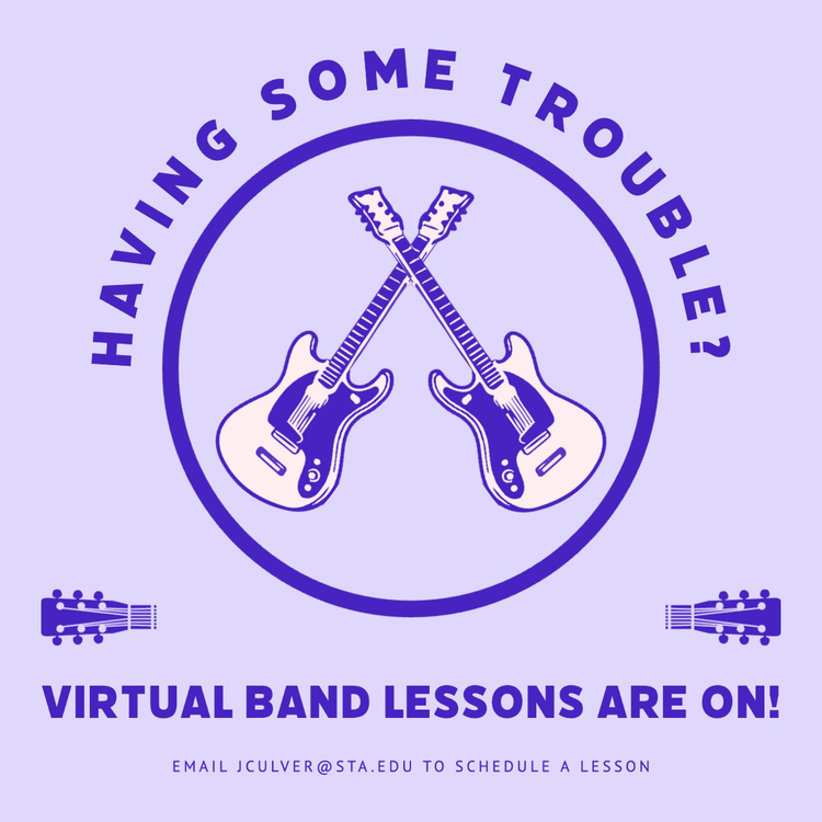 "Having some trouble? Virtual band lessons are on!" coaching services Instagram post with two icons of guitars with their necks crossed