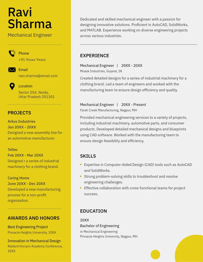 Black, white, and yellow professional resume for a mechanical engineer with a sans serif font