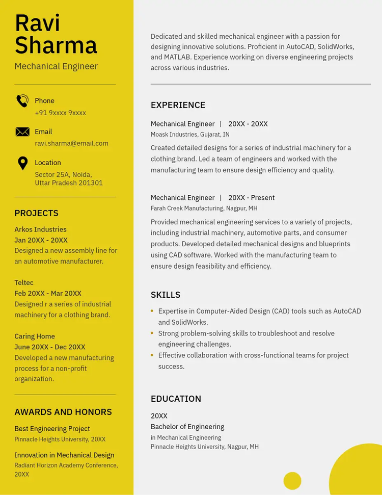 Black, white, and yellow professional resume for a mechanical engineer with a sans serif font