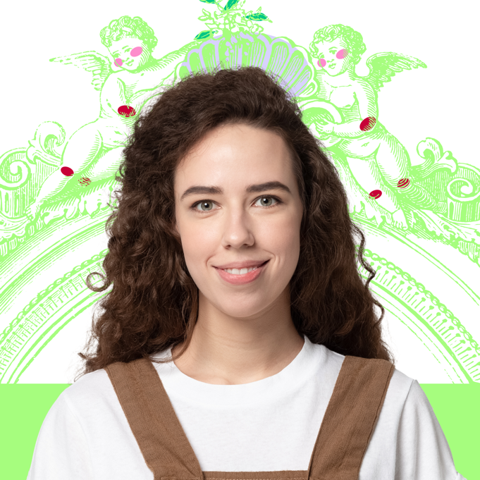 Instagram profile picture of a person with light eyes and dark curly hair smiling against a green renaissance background