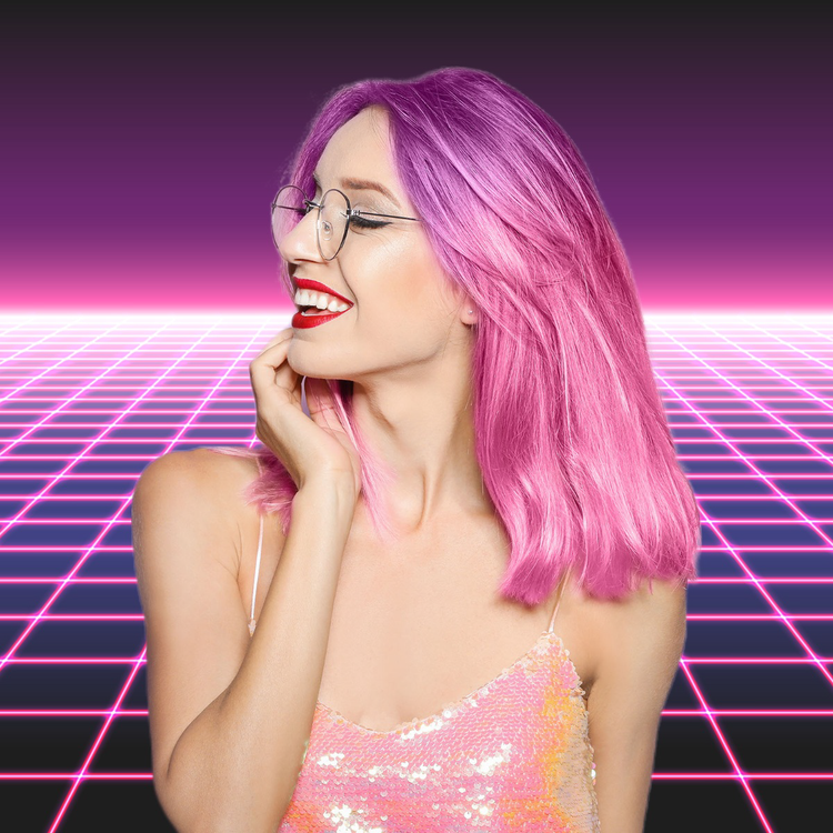 An Instagram selfie of a cutout of a person with pink hair smiling and looking sideways against a graphic electric background
