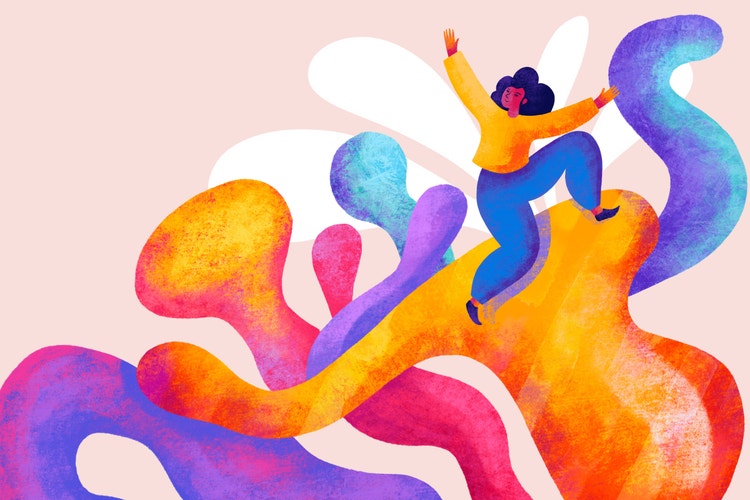 An illustration of a women on colorful swirls