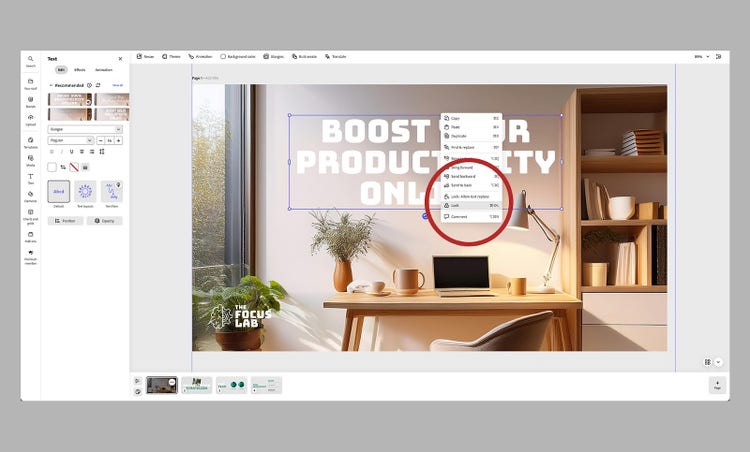 Screenshot of Adobe Express showing how to lock an element