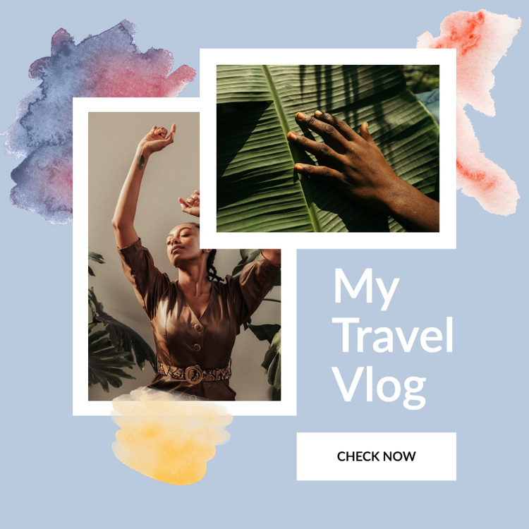 A social media influencer post promoting their travel vlog with a picture of them posing and a picture of a hand touching a plant