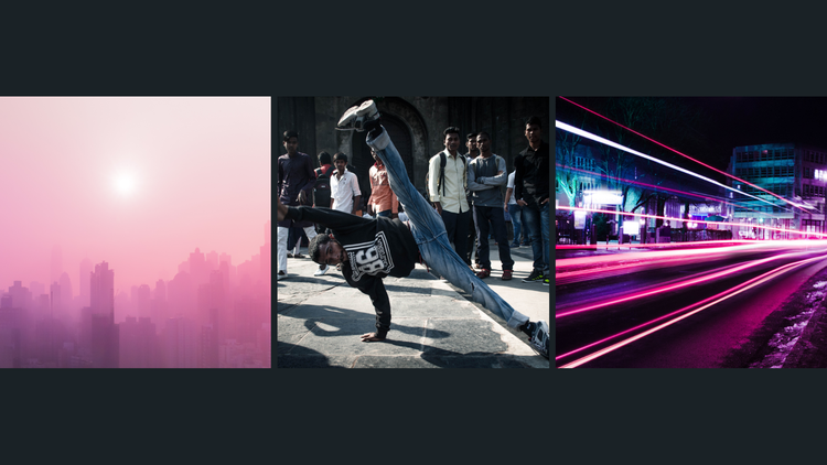 New in Adobe Express Video header image - three urban photographic images