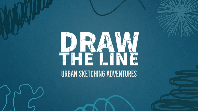 "Draw the Line – Urban Sketching Adventures" blog header against a blue background with various sketched graphics