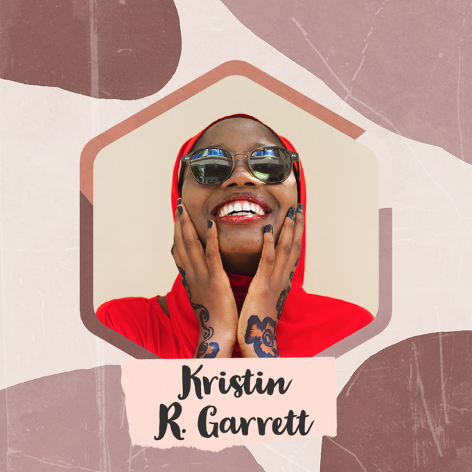 Instagram profile picture of a person named Kristin R. Garrett wearing a red head covering and sunglasses and smiling upwards