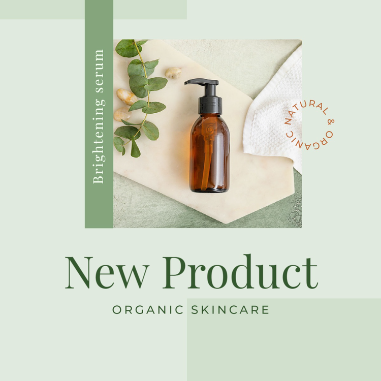 "New Product – organic skincare" Instagram post with an image of a small pump bottle laid on its side