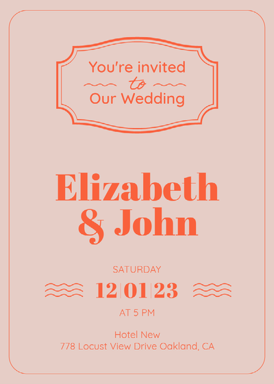An orange and off-white wedding invitation with event details