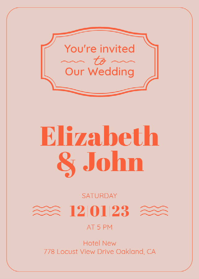 An orange and off-white wedding invitation with event details