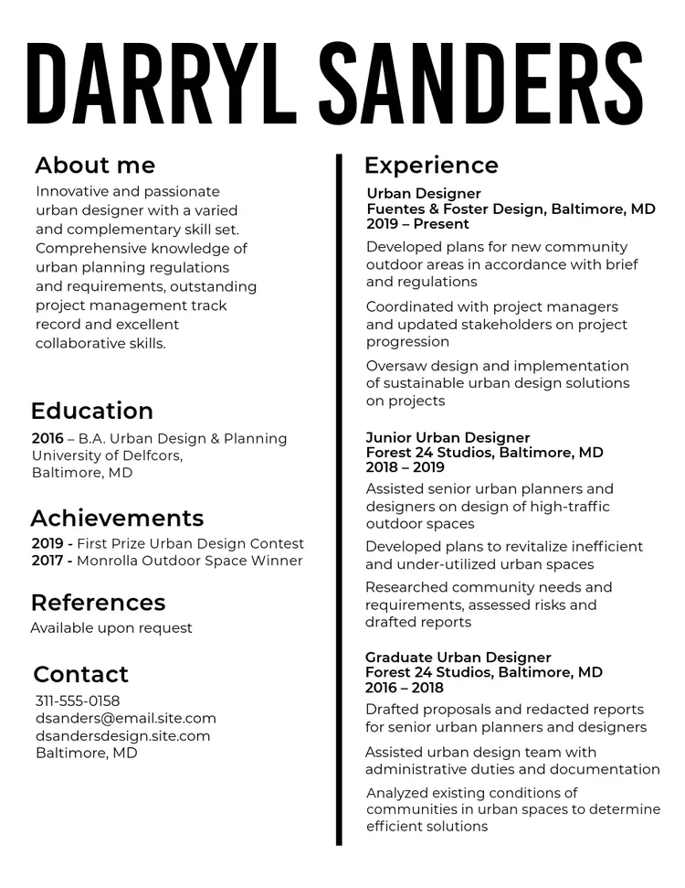 Black and white professional resume for an urban designer with a sans serif font