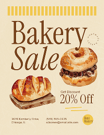 An Adobe Express flyer template featuring a brown background and lettering announcing a bakery sale with 20% off.